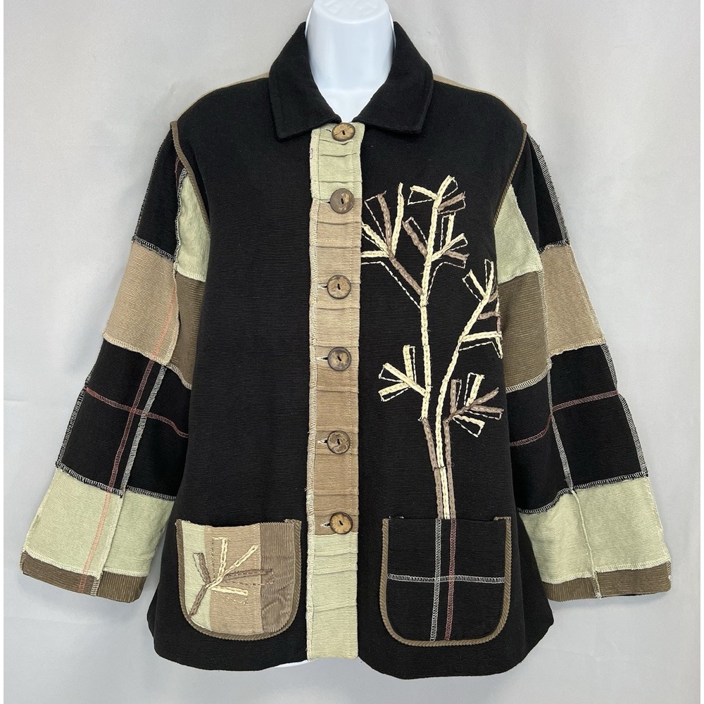 Parsley & Sage L Jacket Patchwork Art to Wear Black‎ Brown Corduroy Neutral Boho